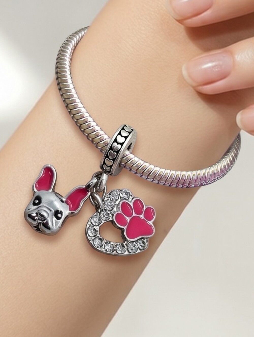 Bulldog Dog Mom 🐾 Pet Love Charm Bracelet Charms Rhinestone Paw Print Dangle